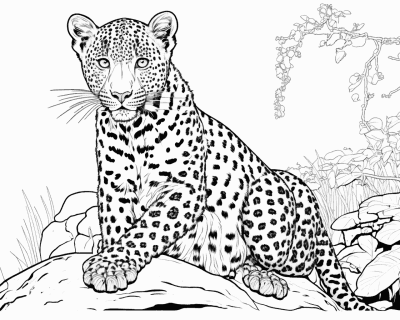 Omaľovánka prikrčeného leoparda na skale, ktorý sa pozerá priamo dopredu
